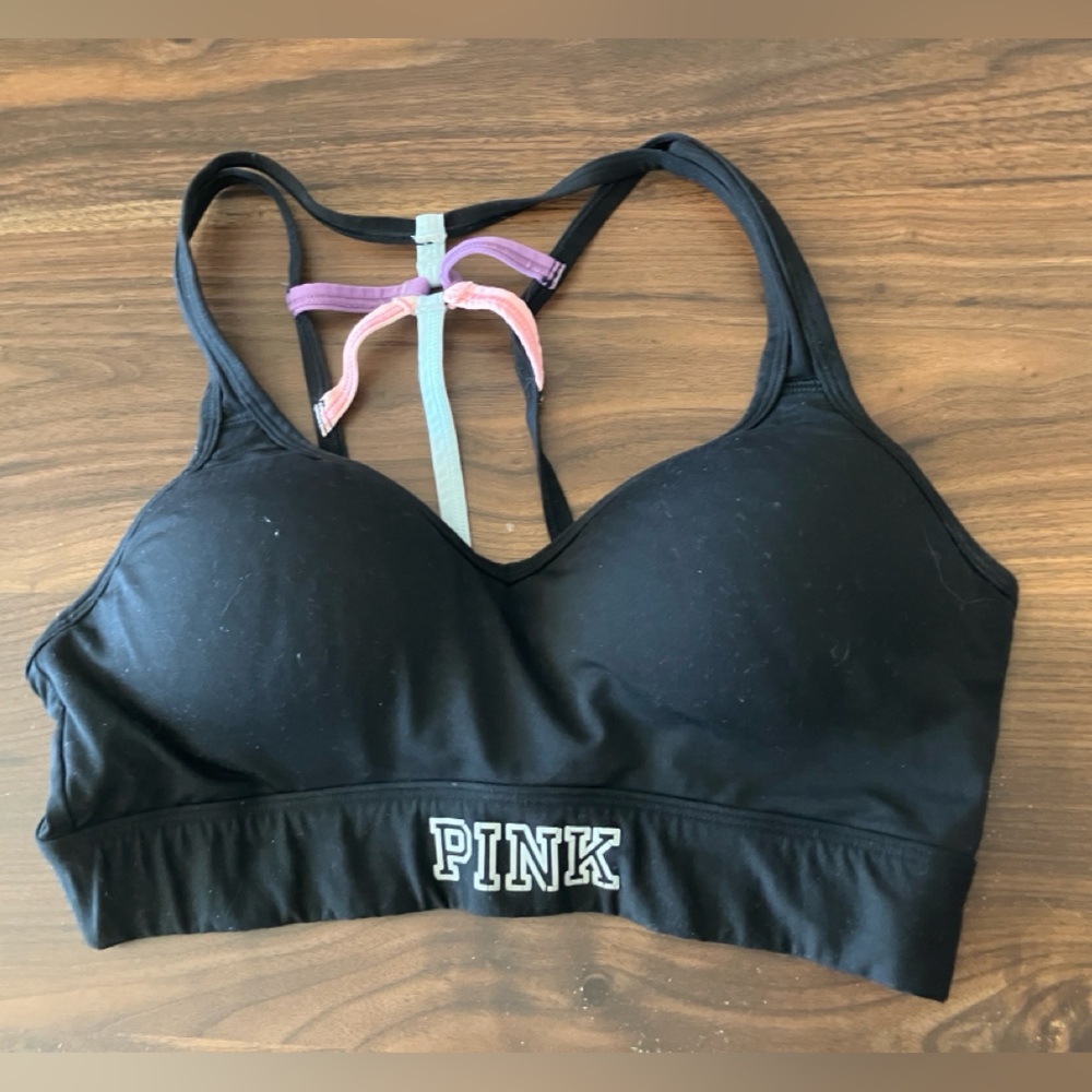 PINK Victoria's Secret Black and Purple Racerback Sports Bra